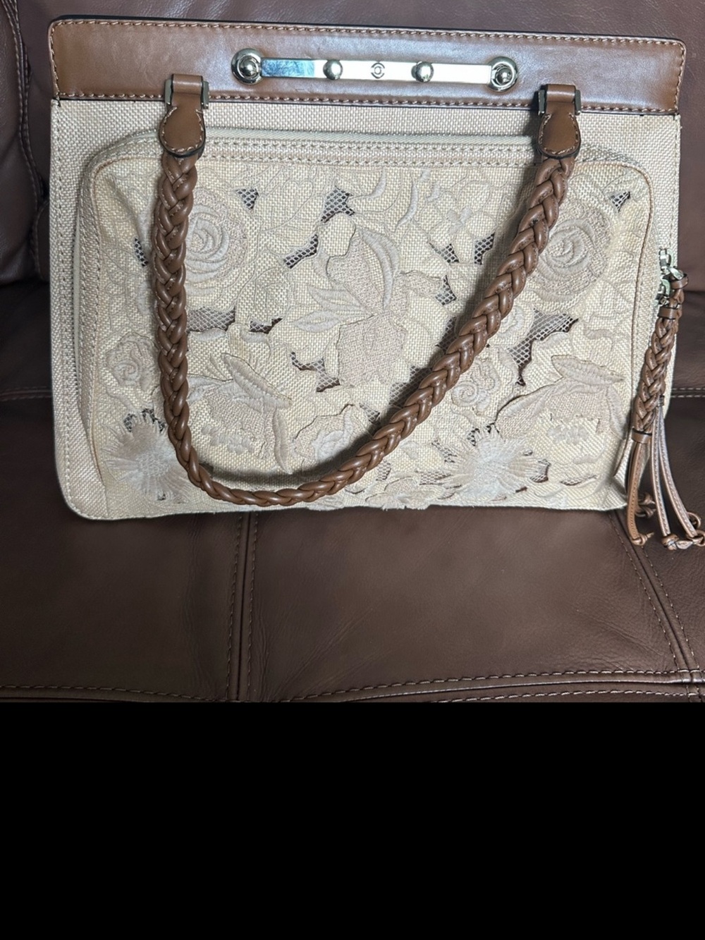 Valentino Garavani Cream Floral Cutout Satchel with Brown Braided Handles